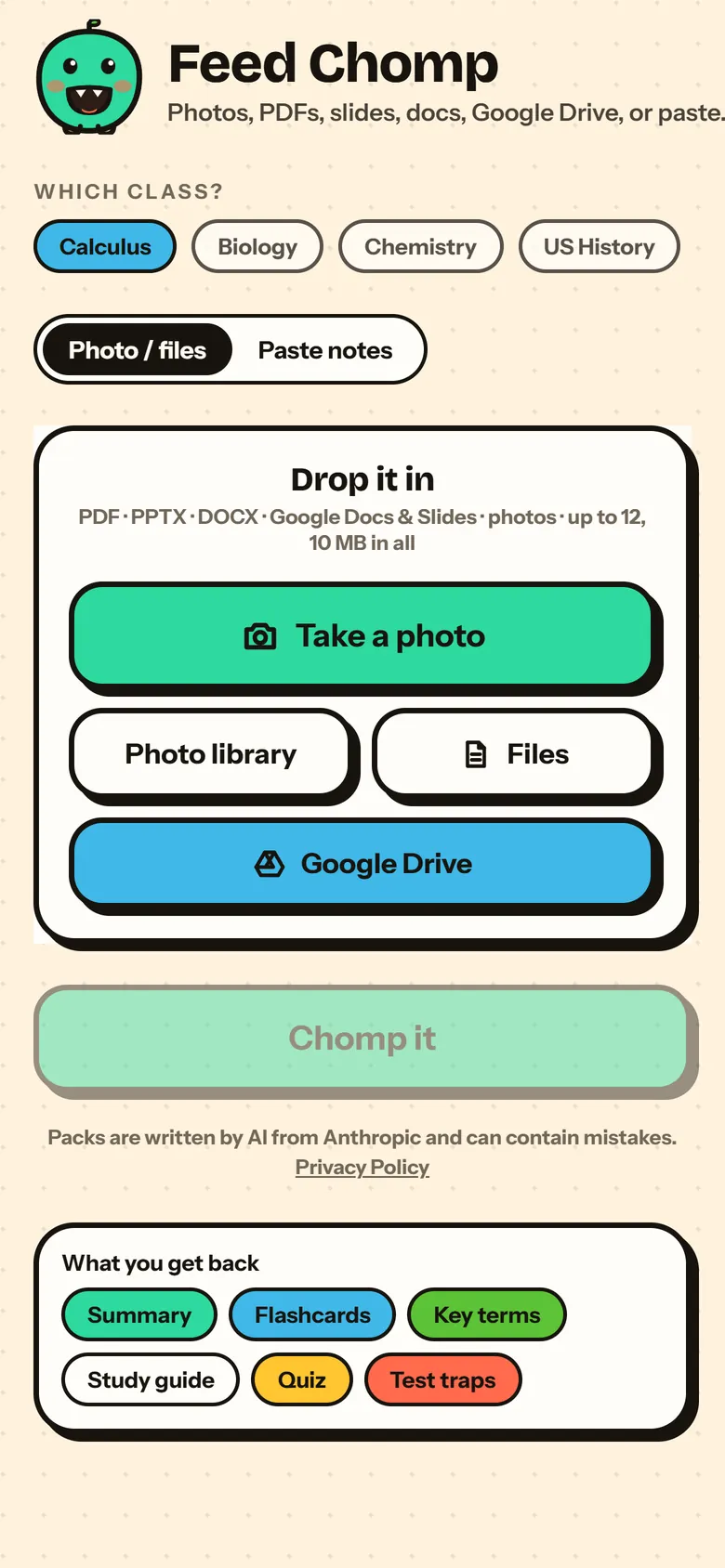 The Feed Chomp screen, with buttons for the camera, photo library, files and Google Drive