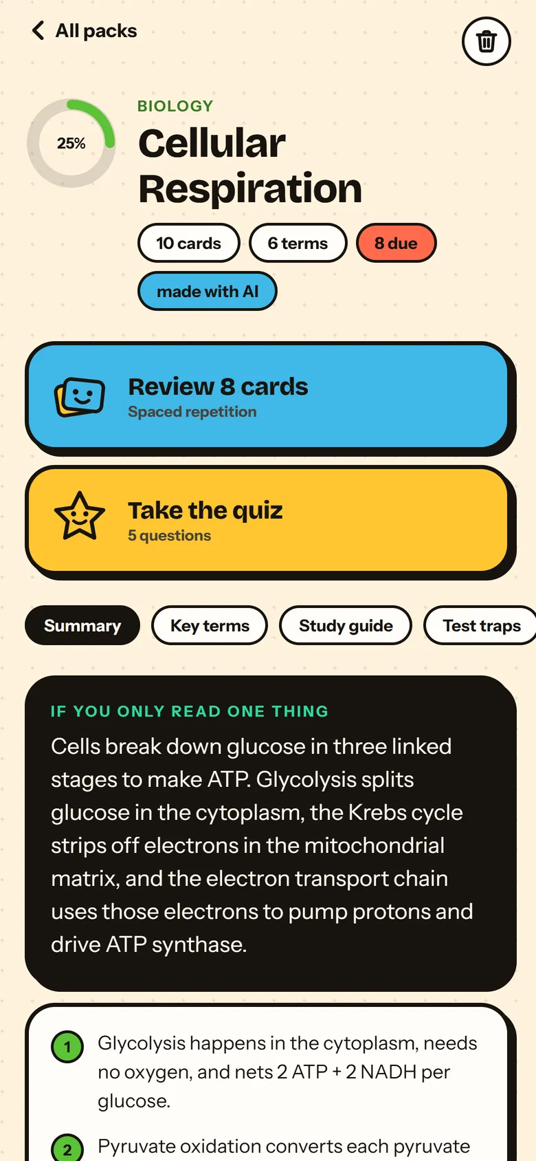 A study pack for Cellular Respiration with a quick summary, key terms, a study guide and test traps