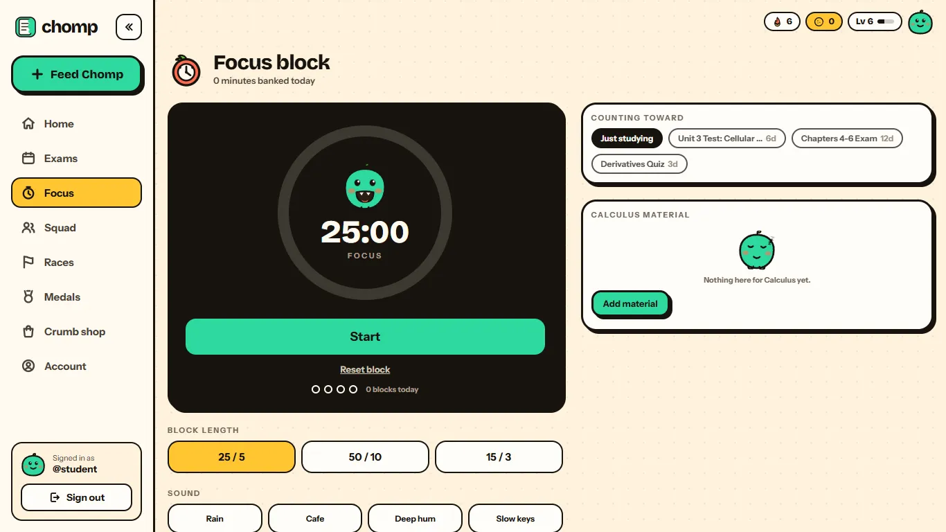 Chomp's focus timer in a web browser