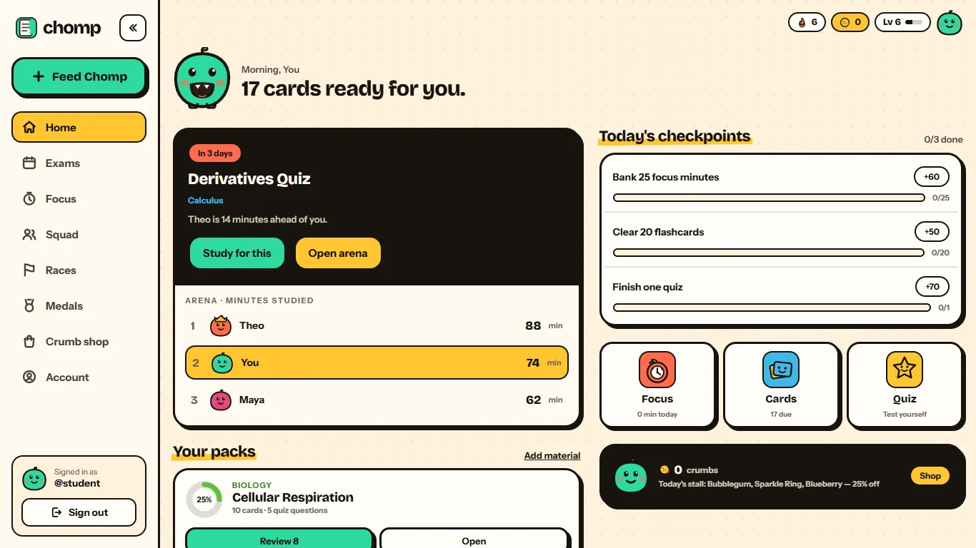 Chomp in a web browser: the side menu, today's race and the day's checkpoints